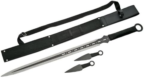 SZCO Juego de espada ninja y cuchillo de lanzamiento de 28 pulgadas, espada táctica negra de espiga completa con 2 cuchillos Kunai, mango envuelto
