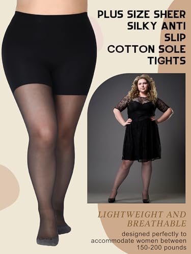 Image of Chuarry 4 Pairs Plus Size Women's Sheer Pantyhose Silky Anti Slip Cotton Sole Socks Reinforced Toe Nylon Tights High Waist Stockings for Women, XX-Large, Black
