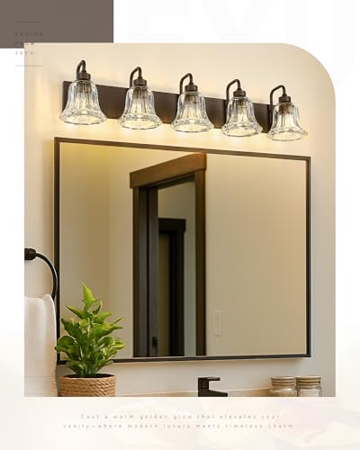 Image of zeyu 37.8 Inch Bronze Wall Sconce Lights, Bathroom Light Fixtures, 5-Light Vanity Wall Sconce Over Mirror, Oil Rubbed Bronze Finish with Clear Striped Glass, ZJX117B-5W ORB