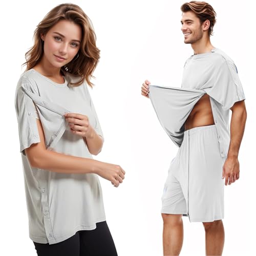 UniqKaliber Camisa de recuperación después de la cirugía del Hombro, Camisas de Brazo Roto, Ropa de quimioterapia para Hombres y Mujeres, Camisa Gris, S