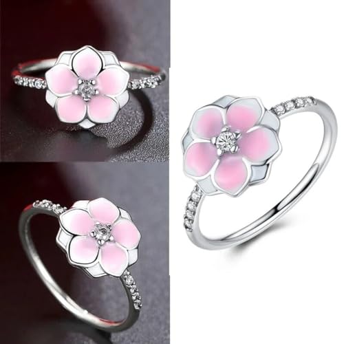 New 2024 Original Pink Enamel Magnolia Bloom Ring With Crystal For Women 925 Sterling Silver Ring Wedding Party Gift Fine Europe Jewelry Fashion Accessories Creative Gift3