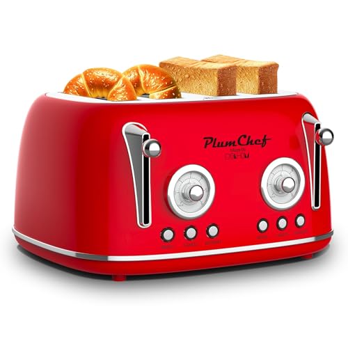 Image of Plumchef 4 Slice Wide Slot Retro Style Toaster, Dual Control Toaster wtih Timer, 6 Browning Settings, Bagel /Defrost Functions, Removable Crumb Tray, Stainless Steel Housing,Black