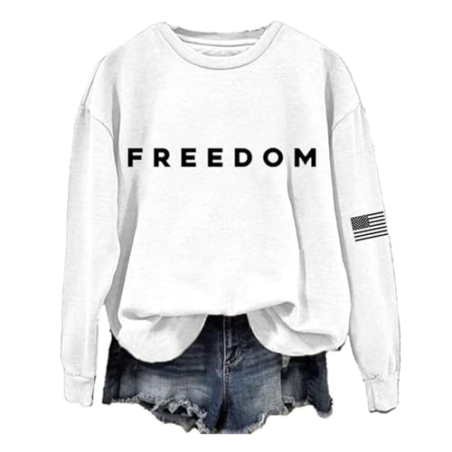 Oversized Crewneck Freedom Print Sweatshirt Women Plus Size Long Sleeve America Flag Pullover Turning Point Shirts Ture Patriot Merch White S
