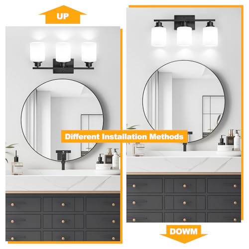 Image of Unicozin 3-Light Bathroom Light Fixtures, Modern Black Vanity Light Over Mirror, Wall Sconces with Milky White Glass Shades for Living Room Bedroom Hallway E26 Base