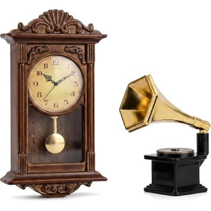Miniature Display House Accessories Set 1 / 12 Scale Vintage Grandfather Wall Clock and Mini Record