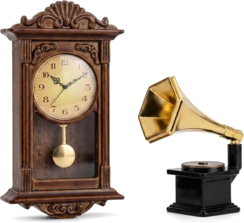 Miniature Display House Accessories Set 1 / 12 Scale Vintage Grandfather Wall Clock and Mini Record