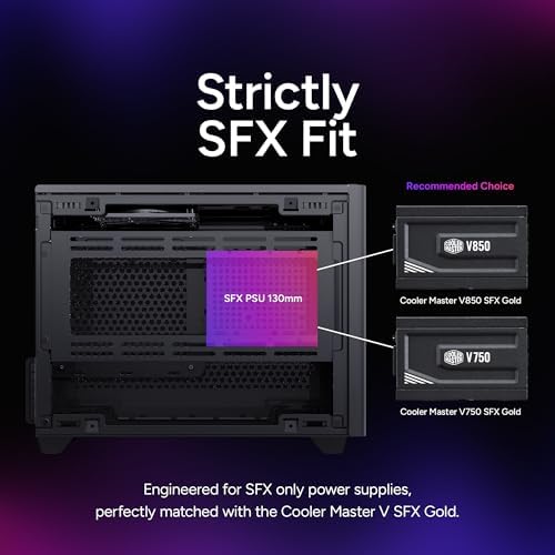 Cooler Master NR200 Mini-ITX PC Case, SFX PSU Support Only, No ATX PSU Support, Horizontal GPU Mount, 330mm GPU Clearance, 280mm Radiator Support, Up to 6X 120mm Fans, Compact ITX Chassis, Black