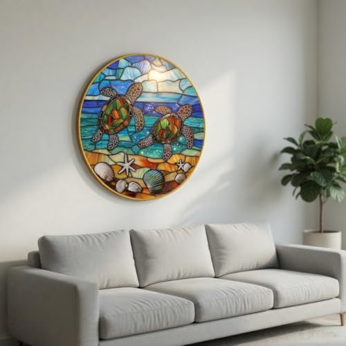 Image of SAF Sea Turtle Wall Painting with Golden PVC Frame Round Ocean Art Colorful Marine Theme Decor for Living Room Bedroom Office Home Decorative Luxury Gift Item (16 x 16 Inch) GRM-357