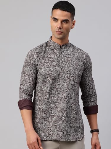 Image of Majestic Man Men's Pure Cotton Printed Mandarin Collar Regular Fit Roll-Up Sleeves Short Kurta