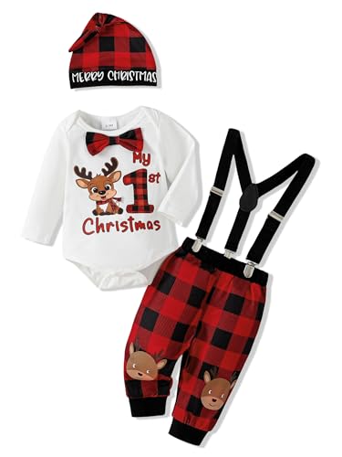 Image of AMAWMW Infant Baby Boy Christmas Outfit My First Christmas Romper Red Plaid Pants Hat 3Pcs Clothes Sets, White, 6-9Months