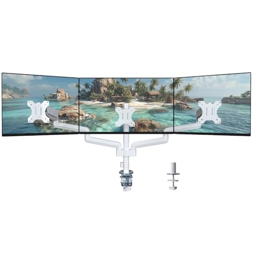 Image of WALI Triple Monitor Mount for 13-32 inch Screens, Adjustable 3 Monitor Desk Mount with Swivel, Tilt, Clamp & Grommet Kit, Triple Monitor Stand for Desk, VESA 75x75 /100x100mm (GSDM003W), White