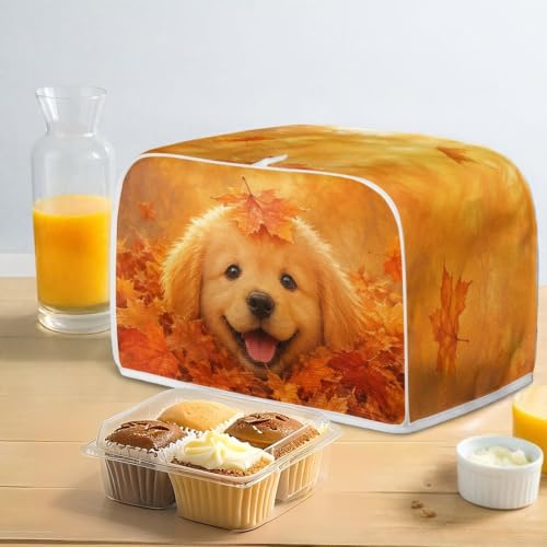 Image of Talayituse Cute Dog Maple Leaf Print 4 Slice Toaster Dust Covers Kitchen Small Appliance Cover, Stain Resistant Dust Protection Bread Machine Cover with Top Handle Autumn Decor, L