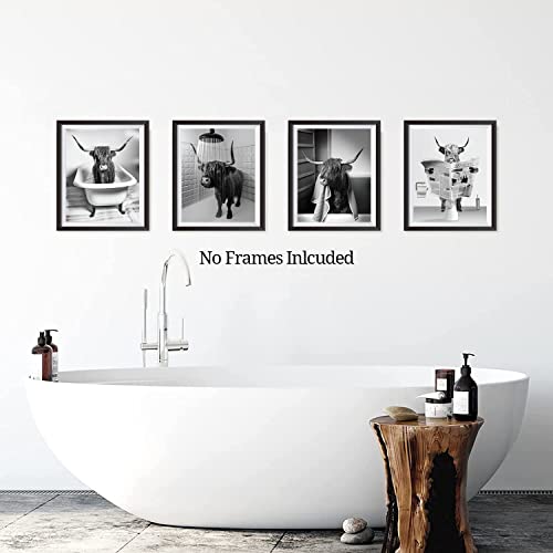 Funny Highland Cow Bathroom Wall Art Prints, Vintage Black And White Rustic Style Cute Bathroom Cow Canvas Art Poster For Bathroom Restroom Decoration, Farmhouse Wall Decor, Set Of 4(8"X10" Unframed) #TOP1