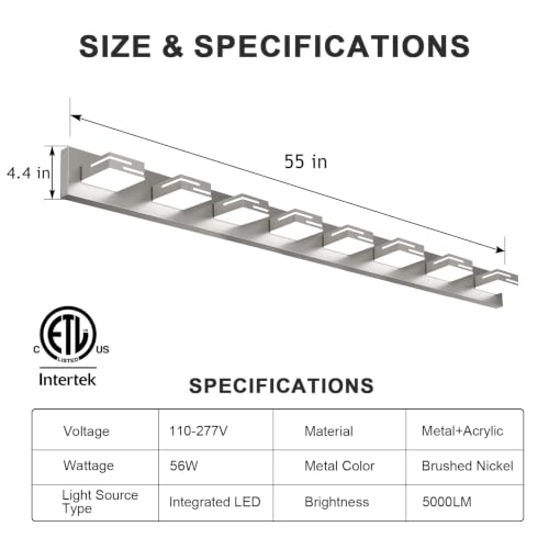 Image of LED Modern Bathroom Vanity Light Fixtures, Dimmable Brushed Nickel Vanity Lights for Bathroom Lighting Fixtures Over Mirror, with 360 Rotatable Acrylic Heads 8-Light 54-inch (Cool White 6000K)
