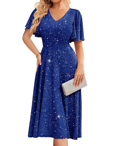 Bridesmay Glitter Sequin Formal Cocktail Dresses for Wedding Guest Ruffle Short Sleeve Tea Party Dress RoyalBlue 2XL