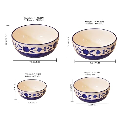 Image of Ceramic Mixing Bowl Set 4 Pieces 1500ml 800ml 600ml 400ml Blue Flower Durable Microwave Safe Dishwasher Safe Mixing Serving Storage