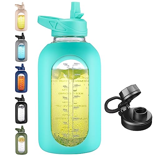 CIVAGO 64 oz Glass Water Bottle Jug with Straw and Handle, Half Gallon Sports Motivational Bottle with Time Marker, Large Flask Canteen with Silicone Sleeve for Gym, Mint Matte