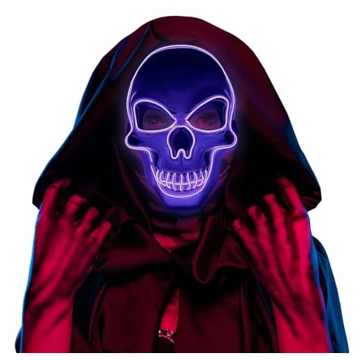 Masque Led d'Halloween Hillylolly Masque de Purge Effrayant, 3 Modes Lumineux Masque d'Horreur Led, Masque Lumineux Led pour Hommes&Femmes, Décorations de Jeux de Rôle pour Halloween,Carnaval (Violet)