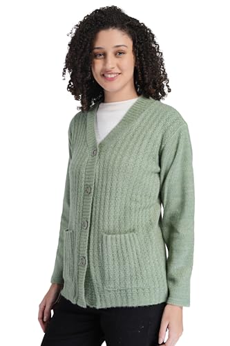 Image of MANRA Women's Woolen V-Neck Buttoned Full Sleeve Cardigan Self Design Soft Wool Fabric Winter Wear Pure Wool Sweater Fully Warm with Front Pockets Stylish Cardigan
