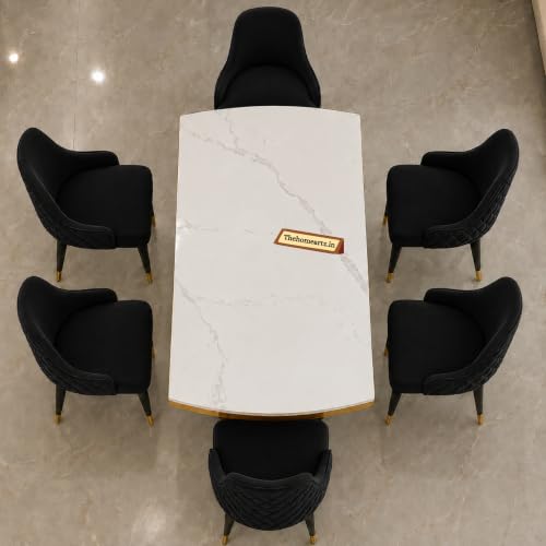 Image of 6-Seater Modern Elite Opal Storage Wooden Dining Table Set | 2 Year Warranty | Created Italian Statuario Marble Top | Elegant Composite Marble Table with 6 Chairs (Black)