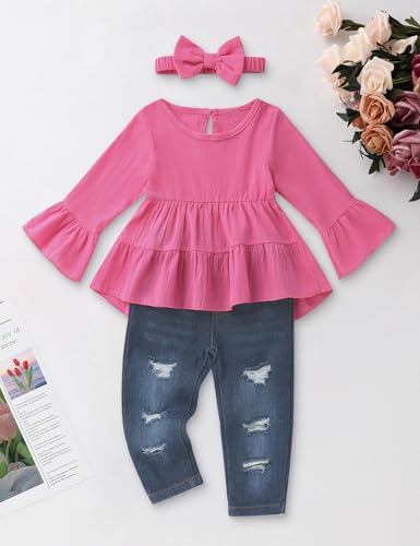 Image of Toddler Girl Clothes Long Sleeve Ruffle Dress Top and Jeans Pants Toddler Girl Fall Outfits