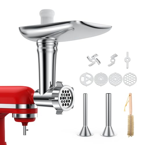 Hachoir à Viande pour KitchenAid Batteur sur Socle - Hachoir à Nourriture avec 4 Plaques de Broyage, 2 Tubes à Farcir pour Saucisses, 2 Lames de Broyage -...