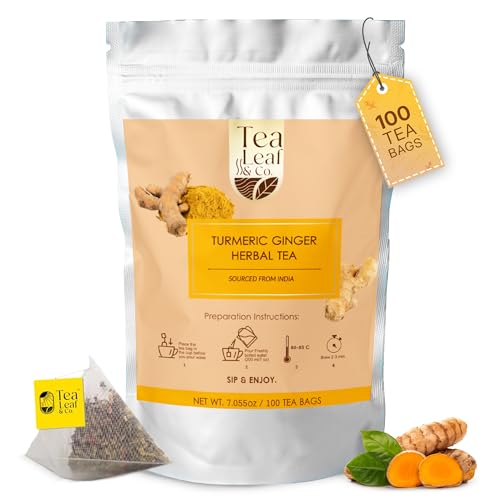 Image of Tealeaf & Co. Turmeric Ginger Herbal Tea - Organic Ginger Turmeric Tea Bags with Fresh Herbs and Spices - Low Caffeine & Gluten Free - 100 Teabags (7.055oz /200gm)
