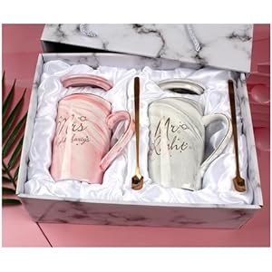 Marble Coffee Cups Set Wedding Gifts for Couple Engagement Bridal Shower Bride and Groom Anniversary Ceramic Mugs 14 Oz (Mr Right & Mrs Always Right)