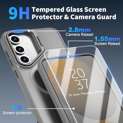 Image of DIZORO PC Samsung Galaxy S24 FE Case Compatible with Mag Safe Wireless Charging,with Camera Stand,Military Grade Drop Tested,Translucent Hard Back Soft Edge Back Cover(Camera Stand Titanium)
