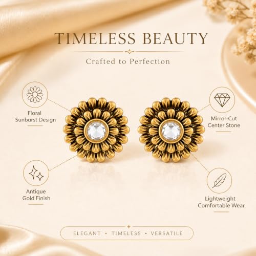 Image of Sayda JewelsGold Plated Antique Traditional Jhumka Earring Indian ethnic Temple design studs Chandbali Style Bridal, Wedding & Festive Jewellery For Women & Girls