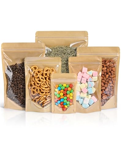 FireKylin 100 bolsas de pie, bolsas de papel kraft de 7.9 x 11.8 pulgadas con ventana transparente, bolsas resellables con cierre de cremallera, almacenamiento de alimentos, color marrón