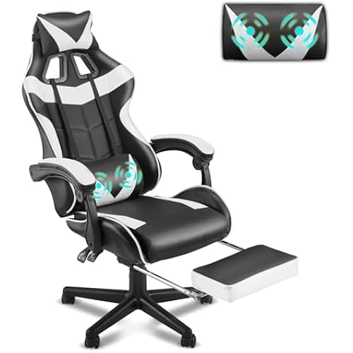 Soontrans Gaming Chairs White with Footrest, Ergonomic Gamer Chair, Video Game Chairs for Adults Teens with Headrest, Lumbar Support Adjustable Recliner Chair(Polar White)
