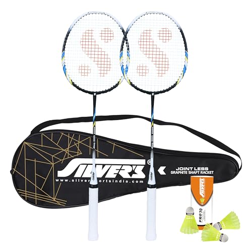 Silver's Graphite Shaft Jointless Phantom Badminton Kit (2 Racquets with Full Cover, 1 Box Nylon Shuttlecock Pack of 3)(Black/White)