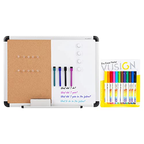 Vusign 12 Colors Dry Erase Markers, Fine Tip + White Board And Cork Board Combination, 17" X 23", Silver Aluminium Frame #TOP9