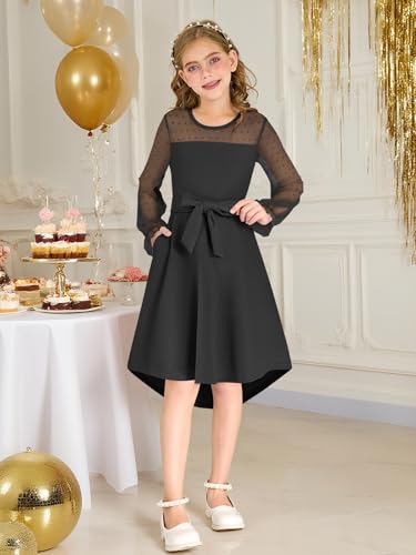 Girls Dresses Puff Long Sleeve Mesh A Line Casual Formal Party Dresses Belted Dress with Pockets 5-14 Years4