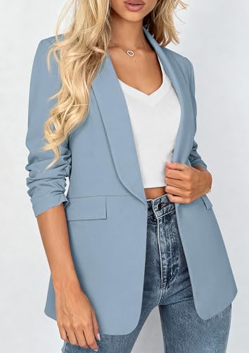 PRETTYGARDEN Women's 2026 Spring Blazers Business Casual Outfits Open Front Ruched 3/4 Sleeve Lightweight Work Suits Jackets (Light Blue,Small) — view 3