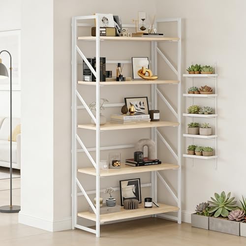 Image of JSB No Assembly Folding Bookshelf, 5 Tier Industrial Metal Book Shelf for Storage, Vintage Wood Foldable Bookcase for Living Room, Bedroom, Office Organization Shelves