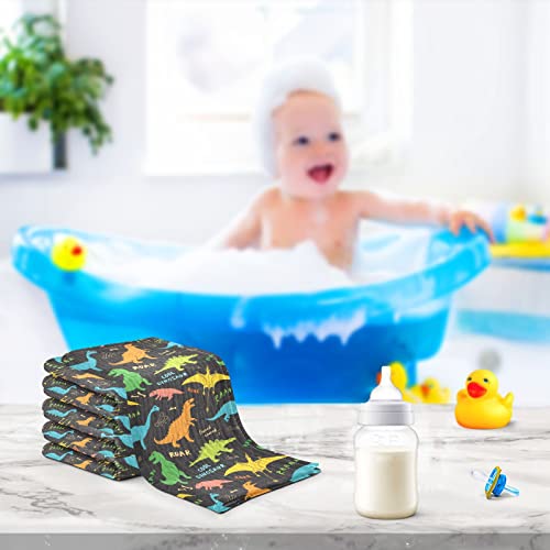 Image of vvfelixl Baby Washcloths Cotton Colored Dino Dinosaurs Baby Muslin Washcloths Soft Baby Face Towel for Newborn Infants, 11.8 X 11.8 Inch, 3 Pack Black