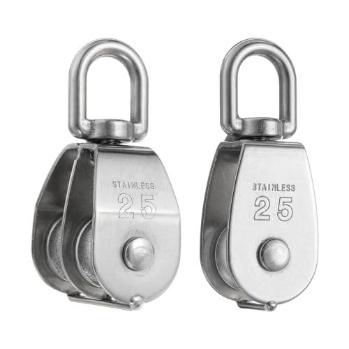 PATIKIL M25 Pulley Block, 2 Pack Single Pulley & Double Pulley 304 Stainless Steel Heavy Wire Rope Hanging Wire Crane Rope Lifting Swivel Hook, Loading 150KG/331LBS