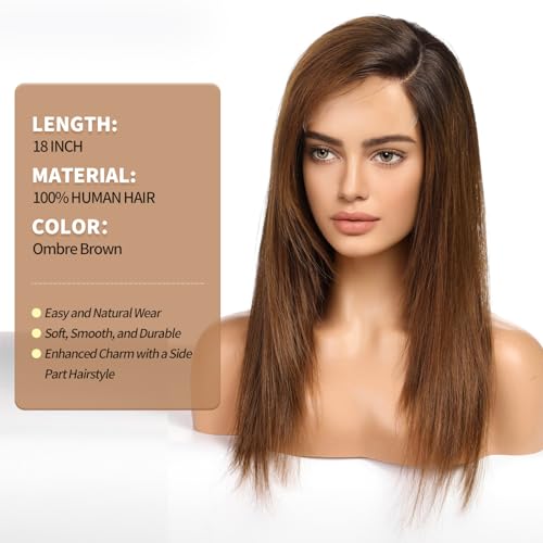 Image of KKU 18 Inch Ombre Brown Human Hair Wigs for Women,Human Hair Wigs With Bangs,Lace Front Wigs Human Hair