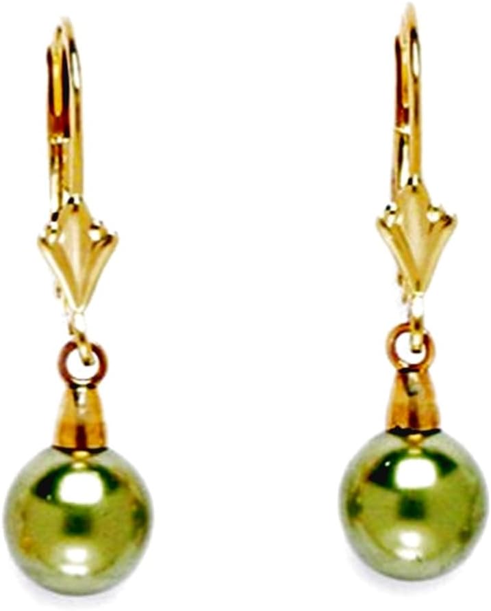 14k Yellow Gold Light Green 7x7mm Crystal Pearl Ball Earrings 27x7mm Ball Earring for Women