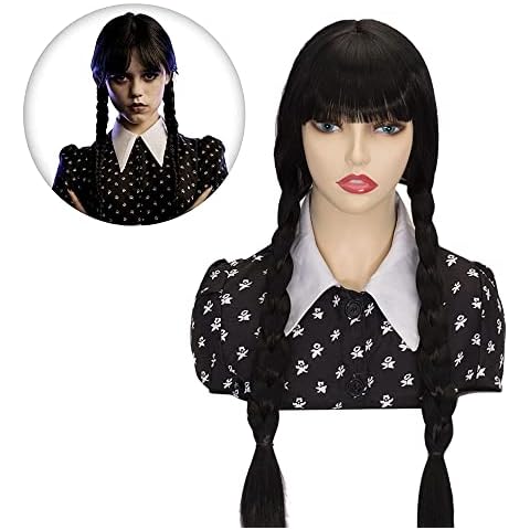 Wednesday Addams Wig | FVCENT 26" Long Black Braided Wigs for Women Girls Wednesday Costume Wig with bangs for Halloween Party Costume with bangs Cover