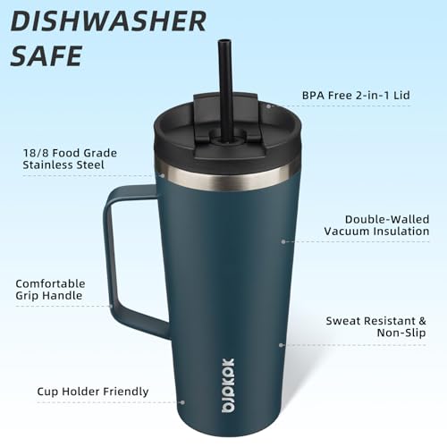 Image of BJPKPK 22oz Insulated Tumbler with Handle, Lid & Straw, Stainless Steel