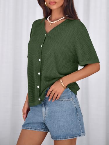 Image of NALANISA Women's Short Sleeve Sweater Spring Summer Crochet Knit Tops 2026 V Neck Striped Button Down Dressy Casual Blouses