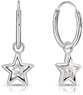 DTPsilver® 925 Sterling Silver SMALL Hoops and 5 mm Dangling Swarovski® Elements Crystal Star Earrings - Thickness: 1.2 mm - Hoops Diameter: 12 mm