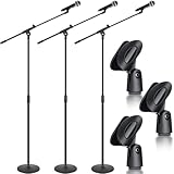 DoubleFill 3 Pack One Hand Microphone Stand with Weighted Heavy Round Base, 3 to 5.3 ft Height Adjustment Microphone Stands, Telescoping Mic Boom Arm, Mic Holder for Singing Concert Performances