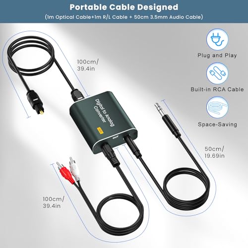 Digital to Analog Audio Converter,192kHz DAC Converter Digital Optical to Dual Analog 3.5mm AUX Audio Adapter with Optical Cable 3.5 Audio Cable and 3.5 to RCA Cable
