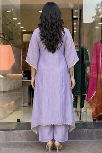 Image of GoSriKi Fendy Glass Embroidered A-Line Kurta with Palazzo for Women | Fendy Glass Grey | Kaftan Sleeve | Round Neck | Ethnic Wear Casual Wear