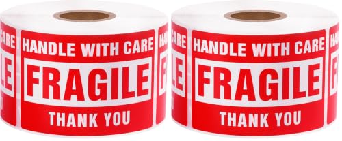 Image of 3 x 2 Inch Handle with Care 500 Fragile Stickers for Shipping Moving Glass Permanent Adhesive Commercial Grade Fragile Labels (1 Roll, 500 Labels) (Pack of 2)