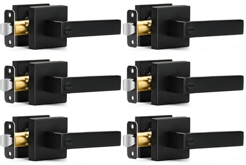 6 Pack Matte Black Door Handles Privacy Door Levers, Keyless Interior Door Knobs Square Door Levers Heavy Duty Door Locks for Bedroom Bathroom, Reversible Flat Levers
